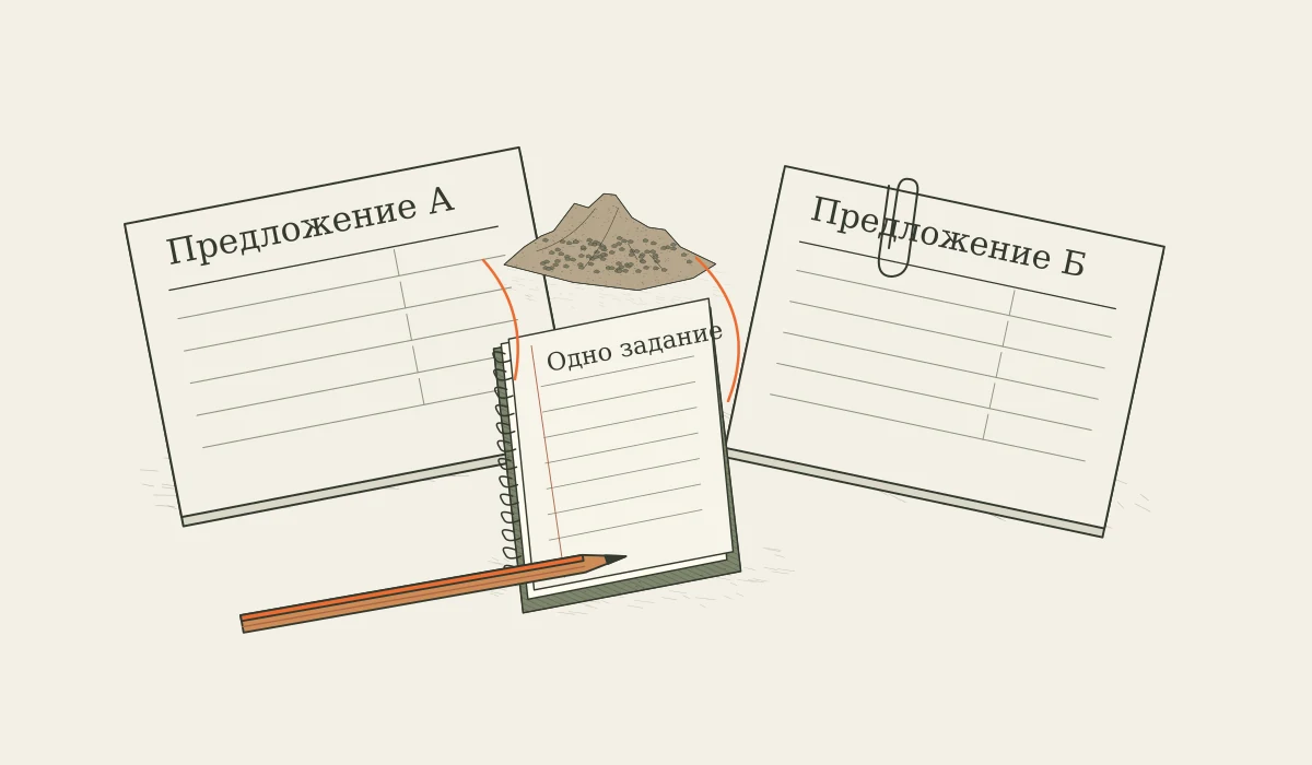 Два листа предложений А и Б вокруг одного блокнота с исходным заданием и образца материала; цен на листах нет.